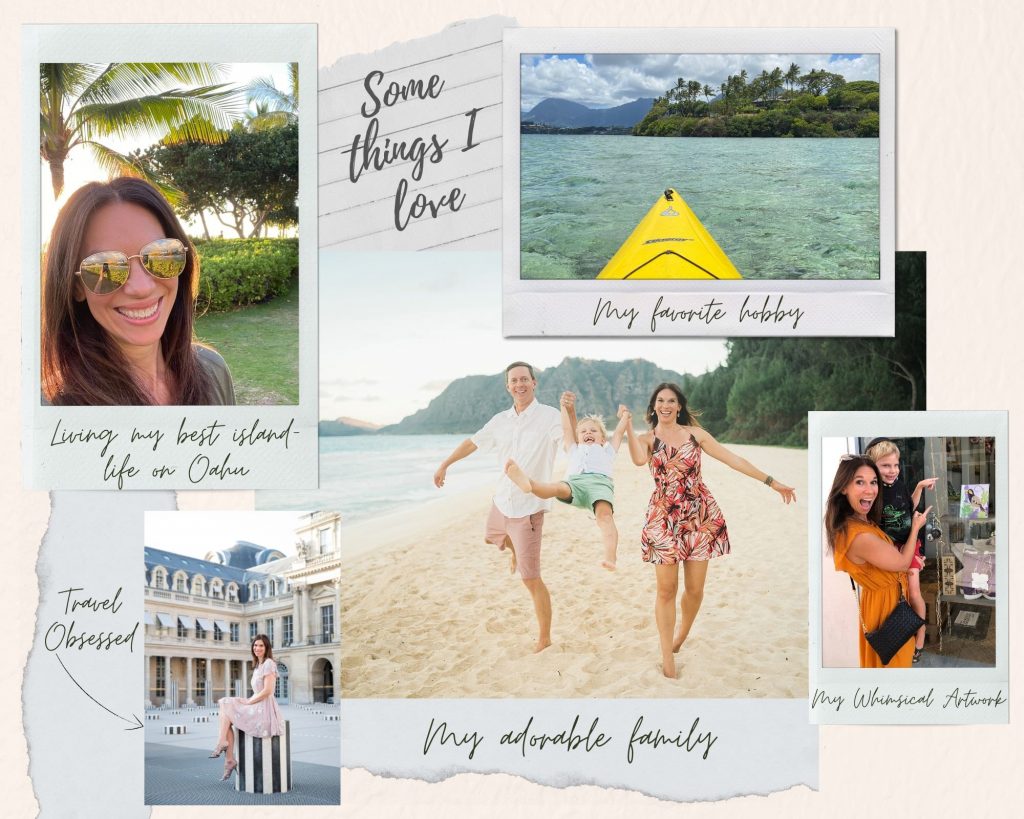 About Melissa Meyer owner of Hawaii Beach Weddings by Melissa Meyer elopement coordinator and officiant. Picture shows Melissa's hobbies including travel and kayaking